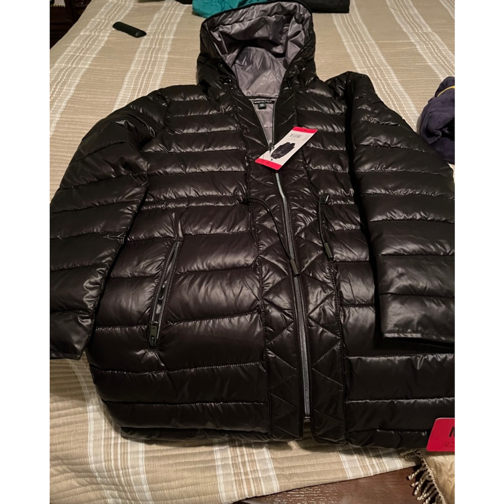 NWT Kenneth Cole Women Black Puffer Jacket Midi Medium Hood quilted New
